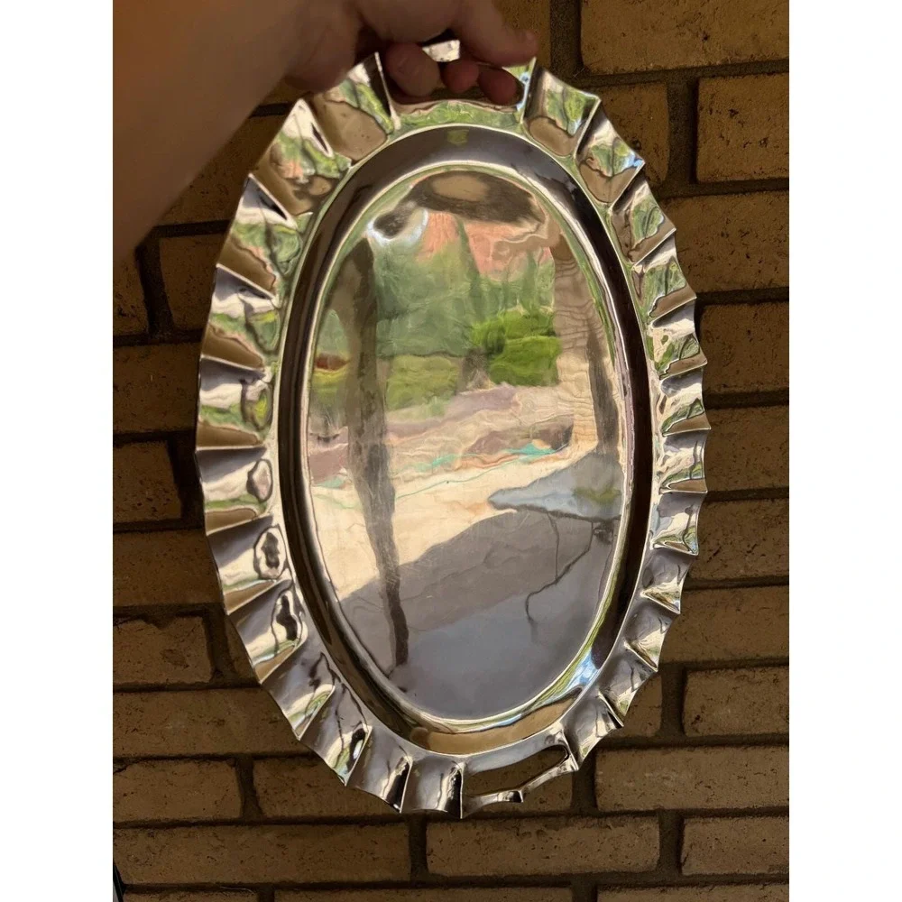 Vintage Juventino Lopez Reyes - Sterling Silver Scalloped Oval Tray - Mexico JLR